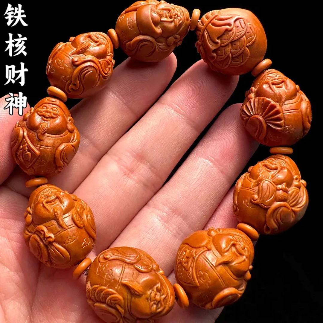 铁核鲨鱼背八大财神橄榄核手串男士款高端核雕八方来财八宝财神爷