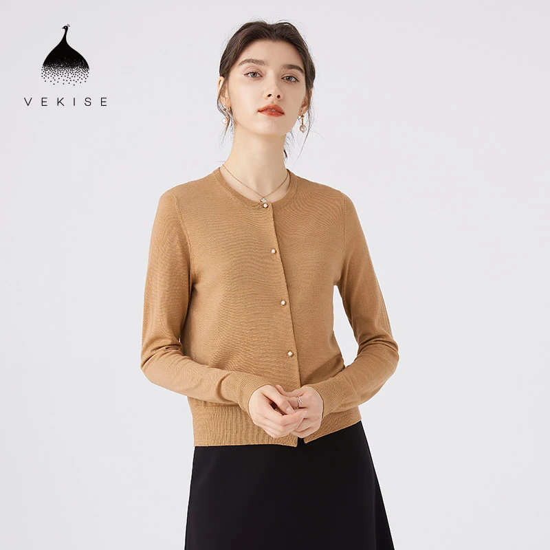 纯羊毛开衫单排扣2023初秋新款长袖圆领毛衣外穿女士针织薄外套