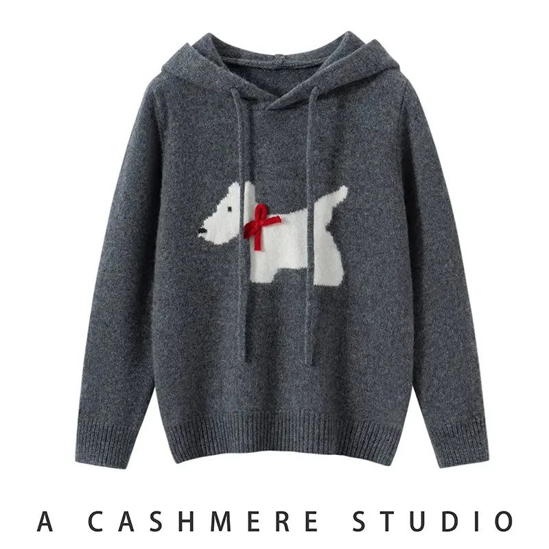 100%纯羊毛衫儿童毛衣秋冬季新款小狗图案帽衫针织衫连帽男女同款