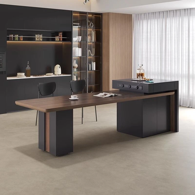 狄䇤岛台可伸缩家用大户型现代简约黑胡桃木纹岩板高端中岛台