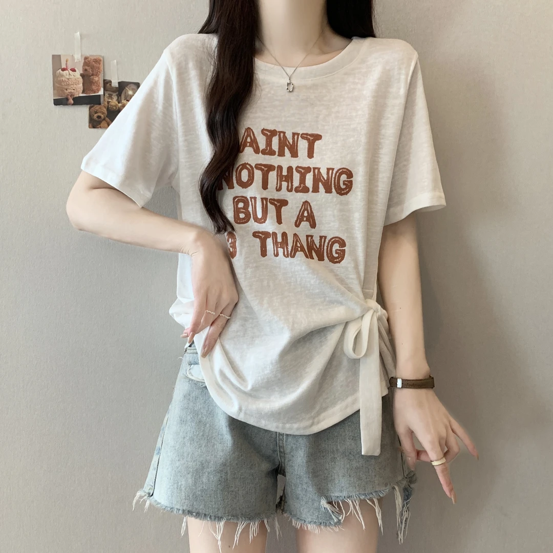 大码美式复古字母印花绑带短袖T恤女夏季胖妹妹宽松显瘦时尚上衣