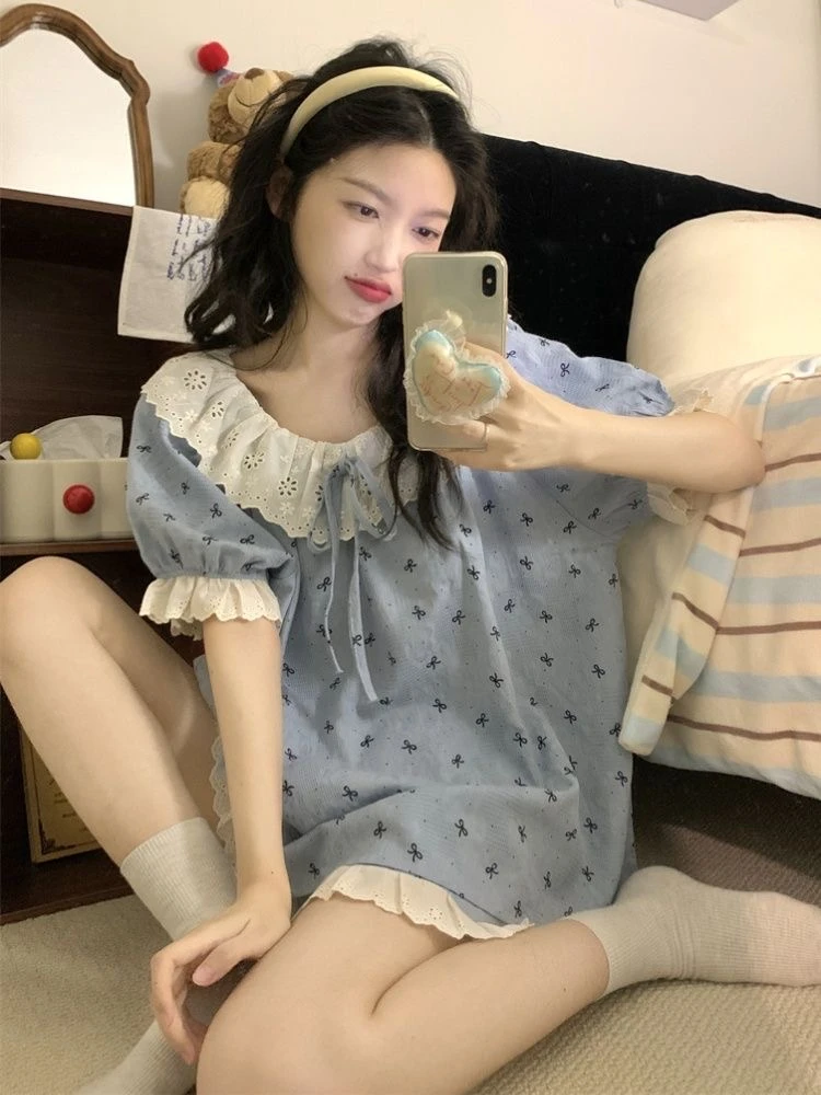 三件套甜美可爱蕾丝花边睡衣女夏季新款少女公主风家居服可外穿