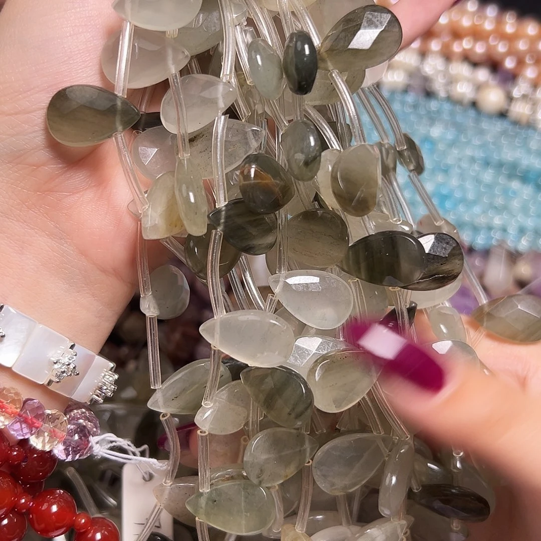 玛瑙/玉髓足银镶嵌珠宝半成品O564绿兔毛水晶水滴