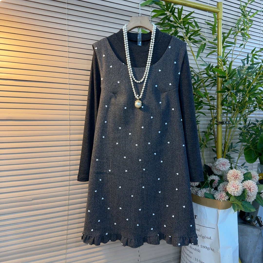 1631胖mm欧货时尚设计感坎袖木耳花边连衣裙搭半高领打底两件套裙