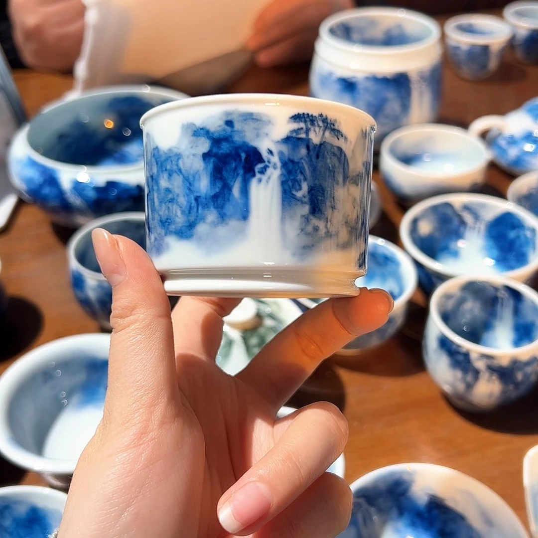 杯流*青花手绘山水主人杯