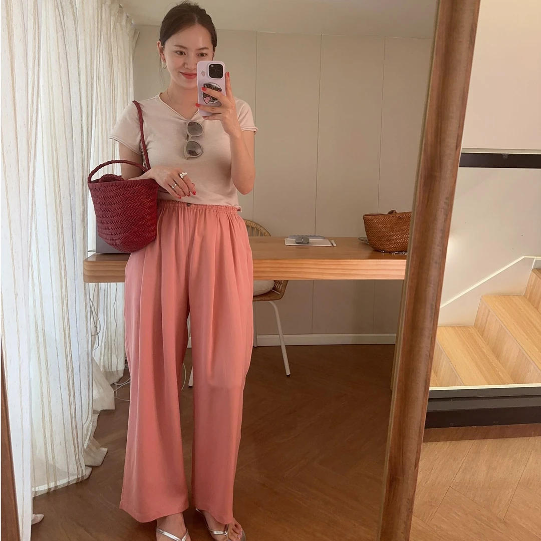 bloom   夏日凉凉  显瘦高腰休闲夏季薄款宽松纯色褶皱设计凉凉裤