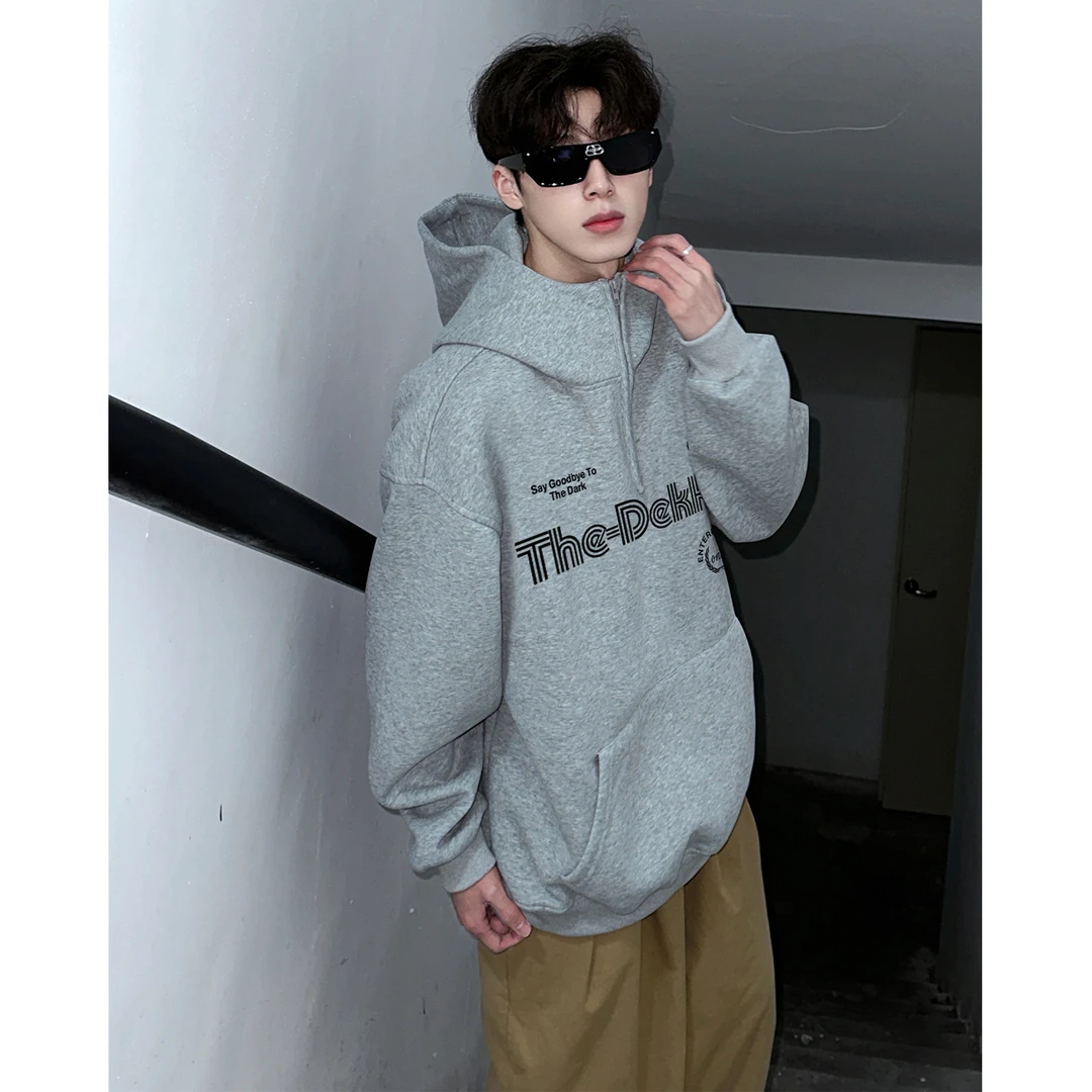 美式创意线条字母印花休闲连帽半拉链卫衣男女秋冬季百搭情侣上衣