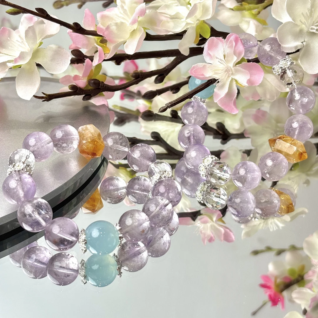 【准备升咖】黄塔晶白水紫水海蓝宝手串14-15mm面小仙多样性发其一