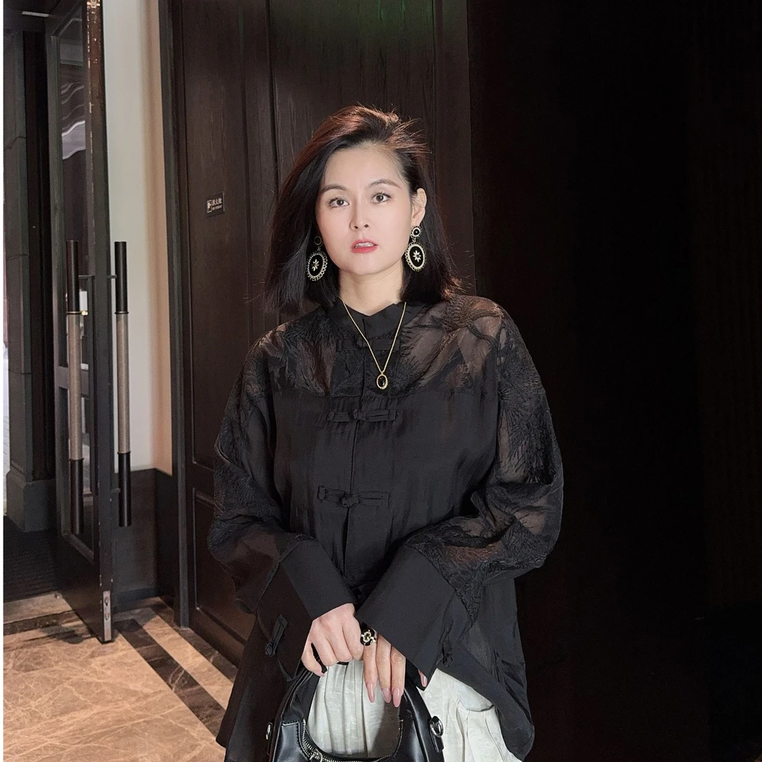 《千鹤夫人》原创新款镂空拼接中国风长袖衬衫重工刺绣