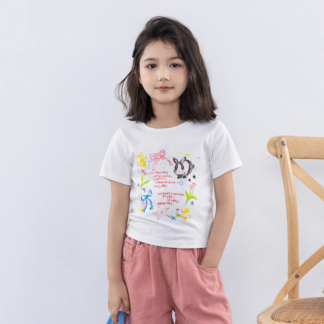 Schwartz斯瓦茨2025夏季新款女童印花圆领上衣时尚休闲字母-3126