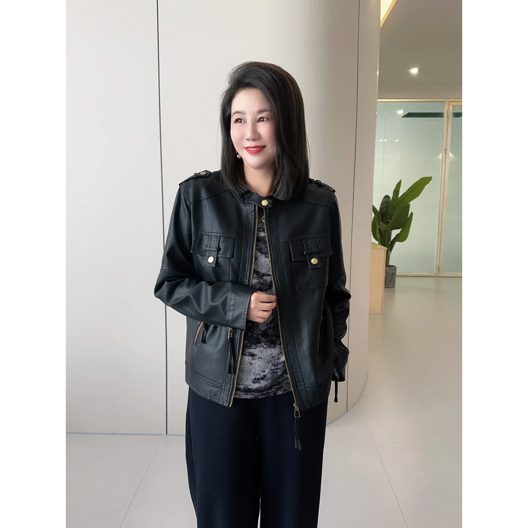微胖女装【机车酷姐】皮衣外套女黑色女款经典款989