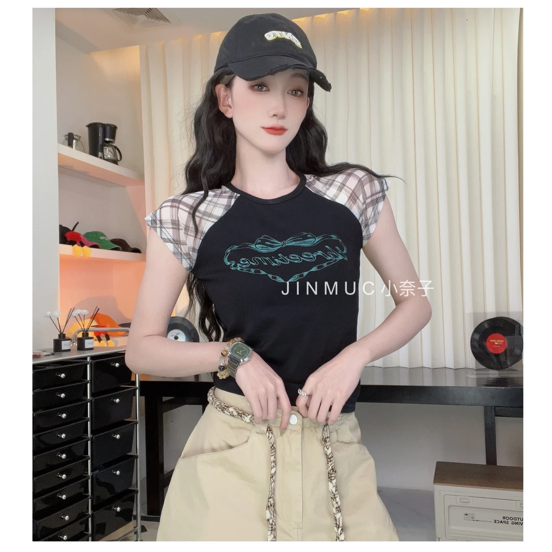 【小奈子】设计感拼接印花短袖t