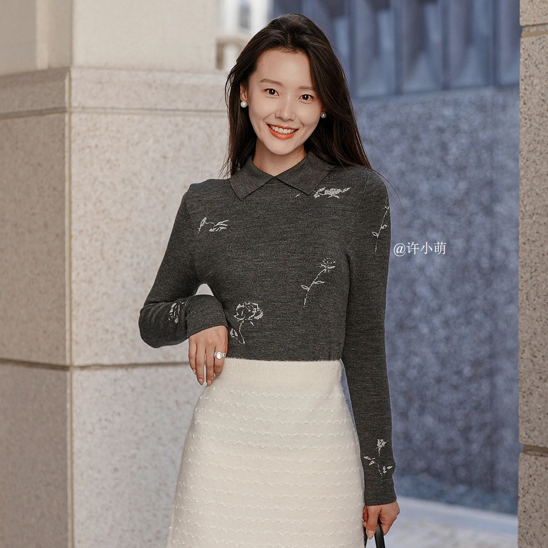 【千颂妮专享】DOUBLOVE舒软针织衫玫瑰提花毛衣甜美含羊毛