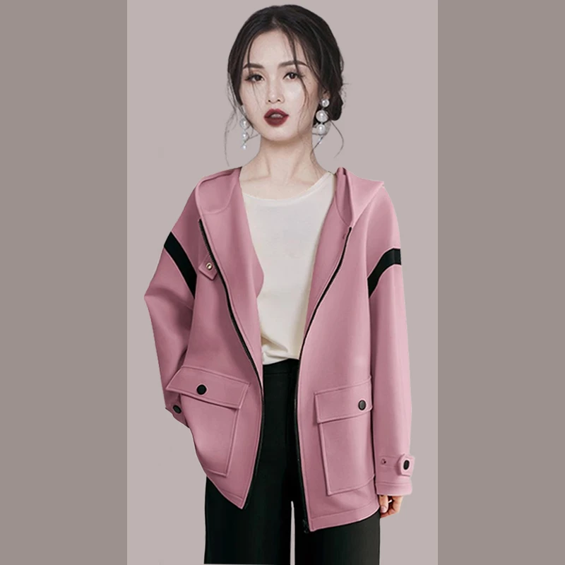 粉色减龄外套春季2025新款女装拼接连帽休闲宽松百搭上衣