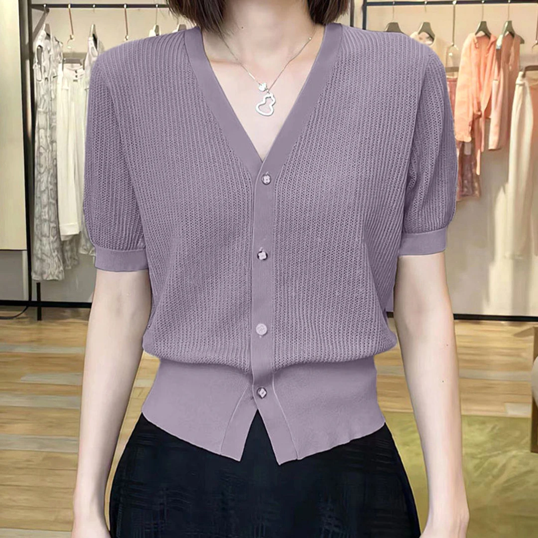 时髦紫色优雅百搭V领设计气质简约款宽松镂空针织开衫T恤上衣女装