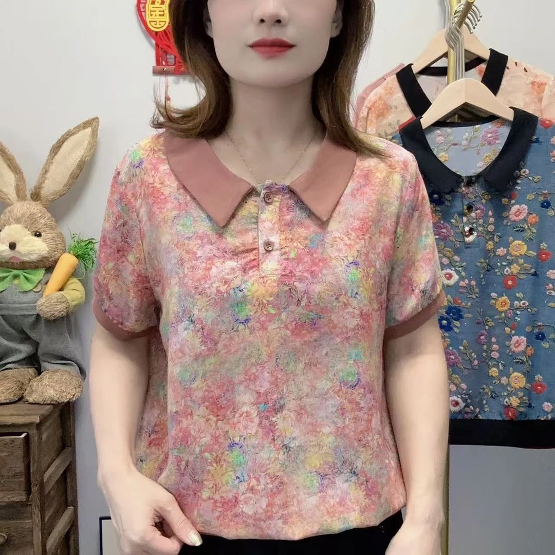 【丽姐家】夏季新款妈妈装短袖时尚洋气宽松百搭女士休闲显瘦上衣