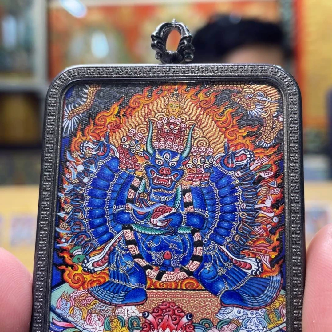 漫***灞吊坠热贡纯手绘唐卡大威德黄财神