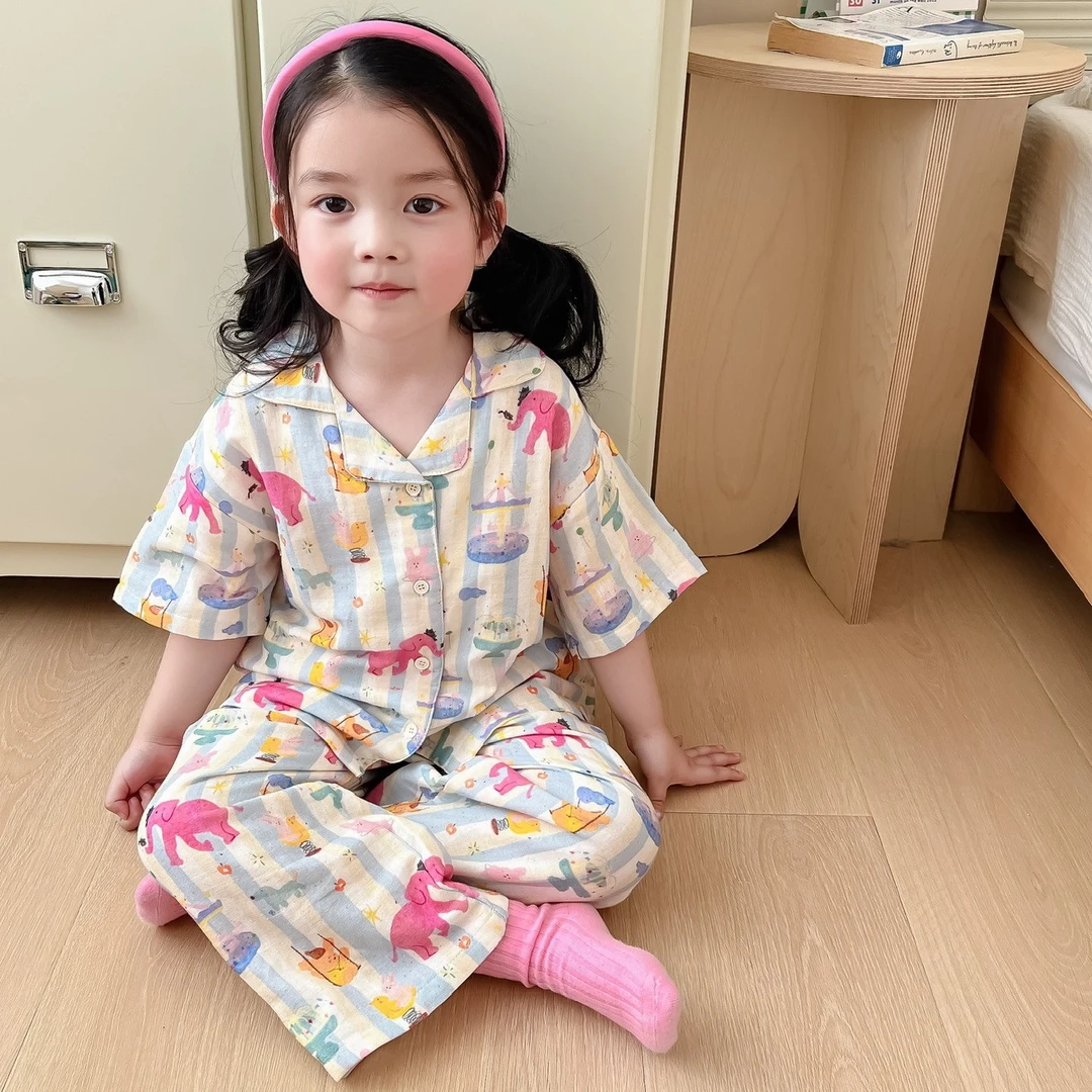 10W+妈妈的选择！儿童A类纱布空调服幼儿园睡衣套装亲子款家居服