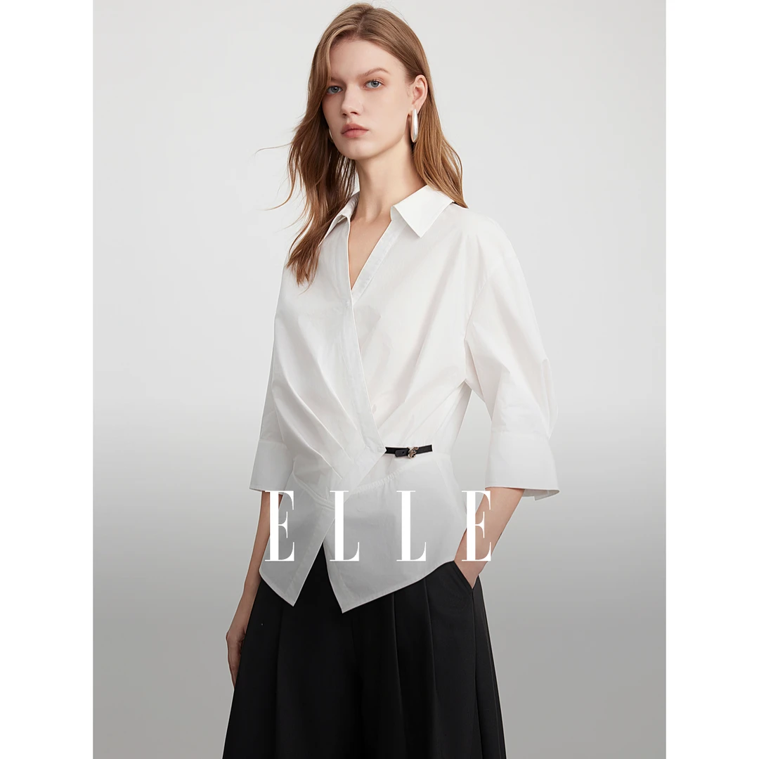 ELLE法式通勤风翻领白衬衫女2025夏新款衬衣优雅休闲上衣EC51950