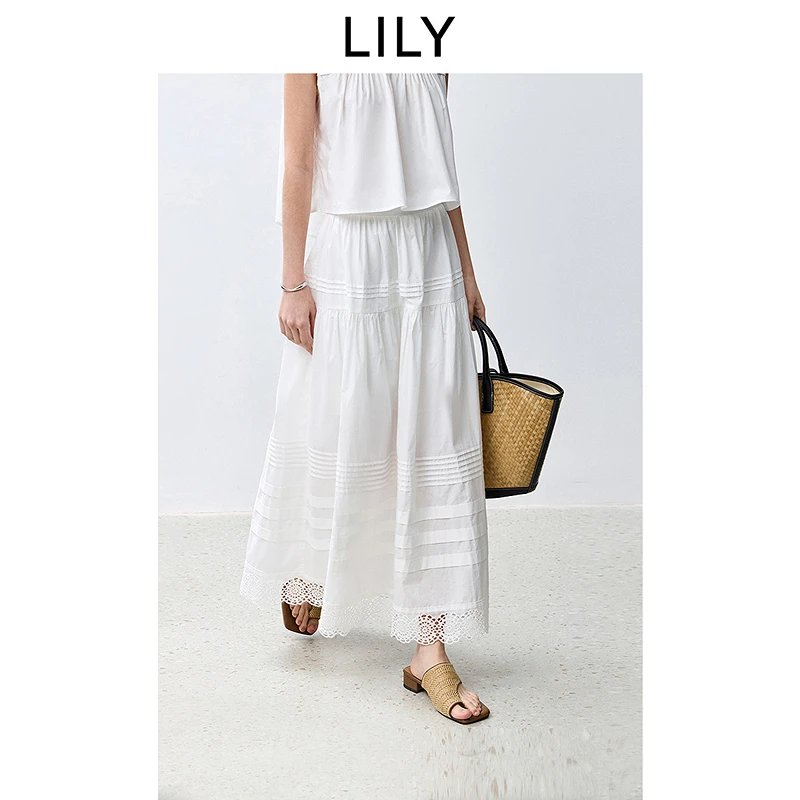 LILY2025夏女装全棉镂空A字半身裙小白裙125209C6948