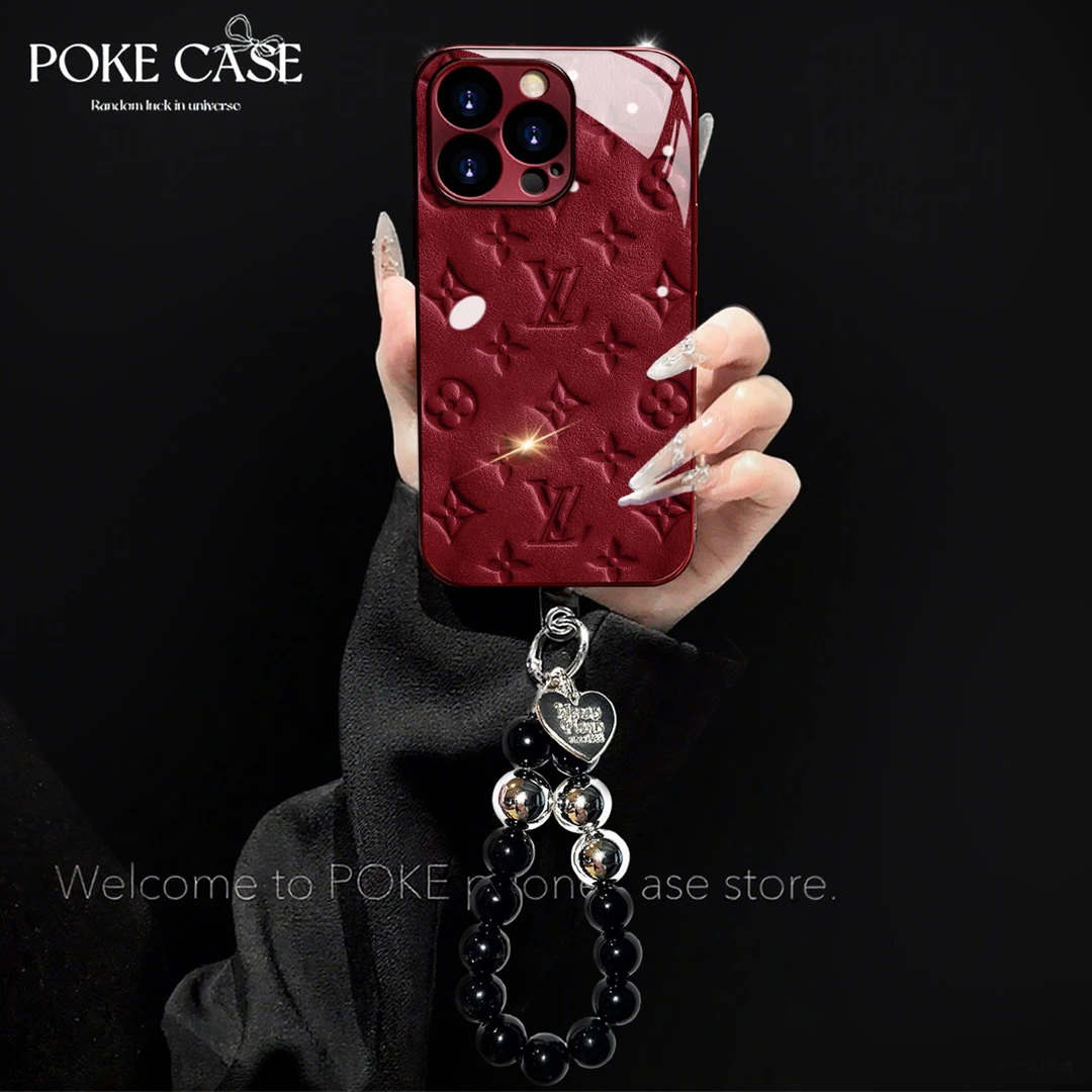 【荣耀系列】酒红色电镀玻璃酒红奢纹黑胶适用手链手机壳