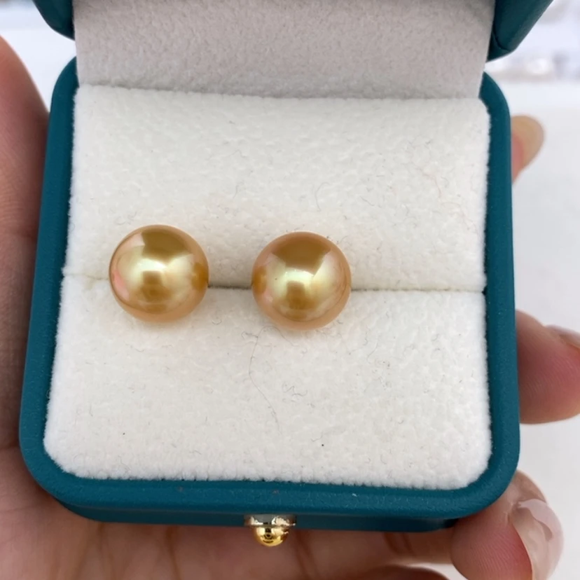 【闪购商品】18K金镶嵌耳饰海水珍珠哪****亮金珠对珠10-11m珍