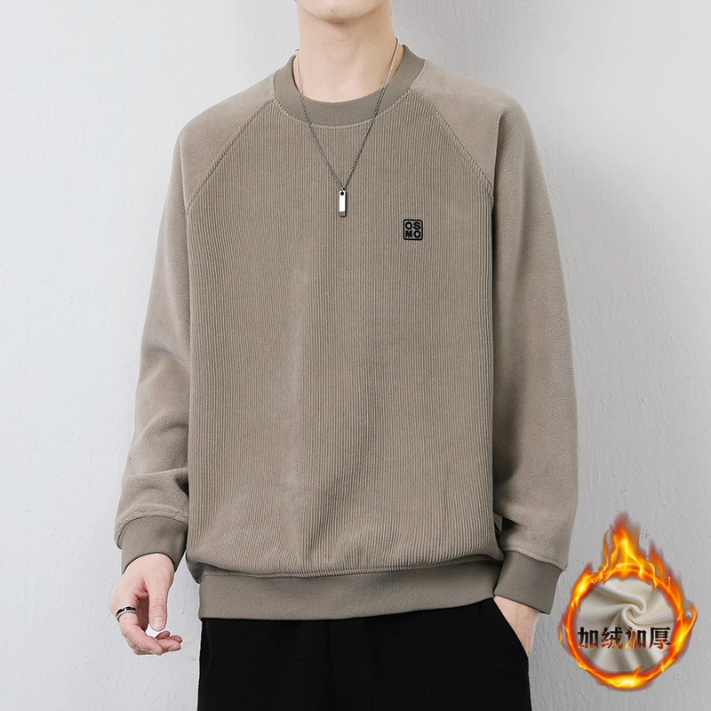 加绒加厚男士毛衣冬季高端不起球一体绒青少年打底针织衫潮牌圆领