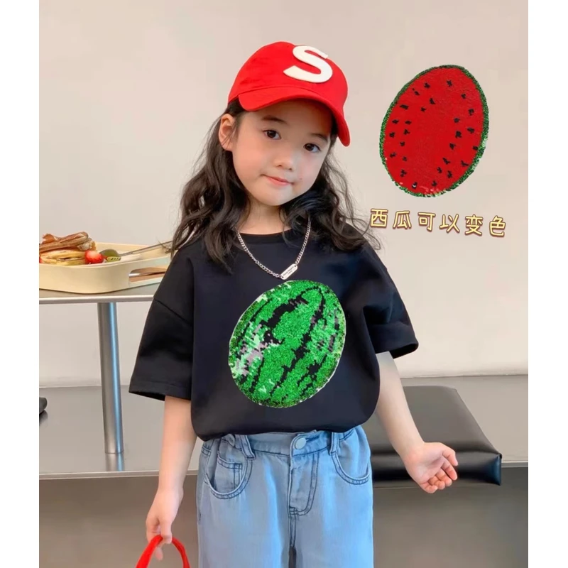 女童纯棉短袖可翻转变色亮片t恤夏季男孩儿宽松洋气卡通男童上衣