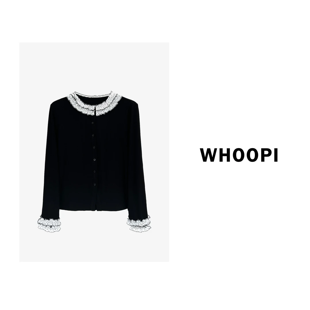 【Whoopi】【古着甜心】法式气质波点花边黑色长袖针织开衫百搭打底衫