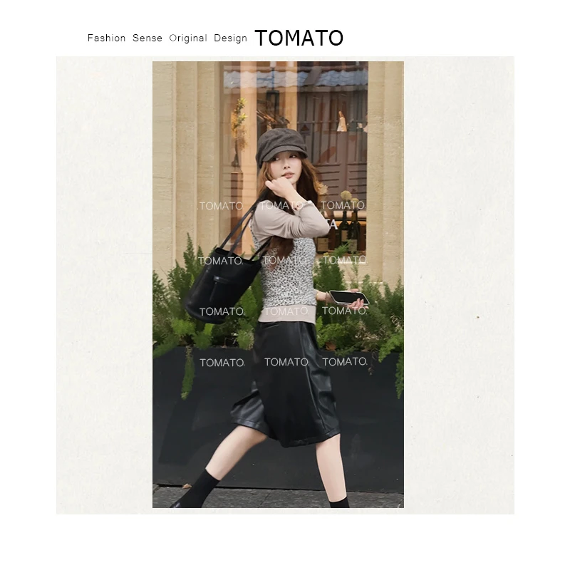 TomaTo-早秋新款松紧腰皮裤百搭阔腿裤女时髦洋气休闲裤C25K79213