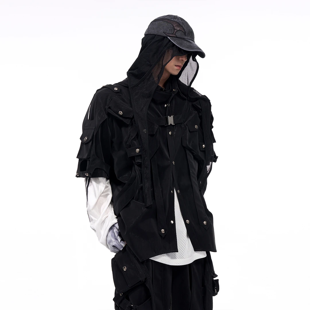 STARTEXCEEDEND小众原创结构设计短袖外套男夏季暗黑先锋绑带夹克