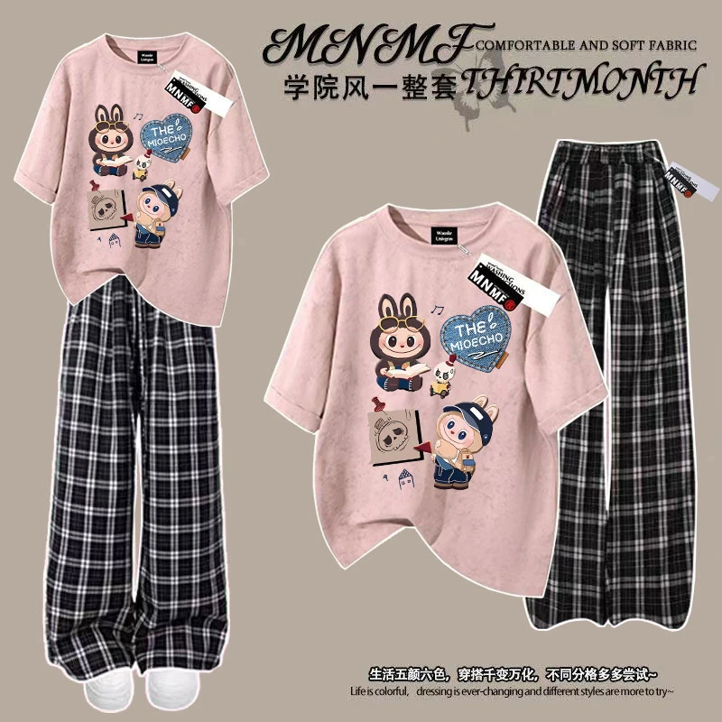 拉布布女童纯棉扎染短袖格子裤套装夏季新款中大童阔腿长裤两件套