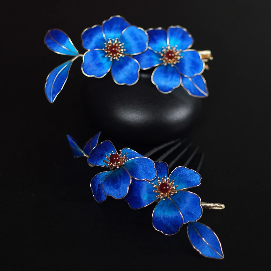 非遗绒花丨蓝梦桃韵 纯手工国风新中式绒花掐丝桑蚕丝线发梳发夹