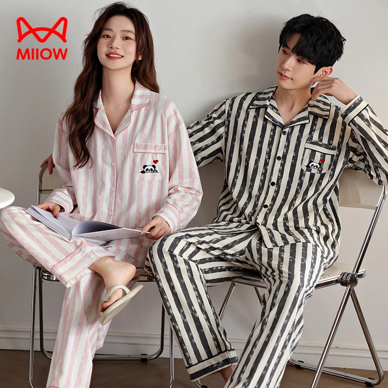 猫人经典2025新款情侣睡衣男女套装纯棉长袖条纹开衫可外穿家居服