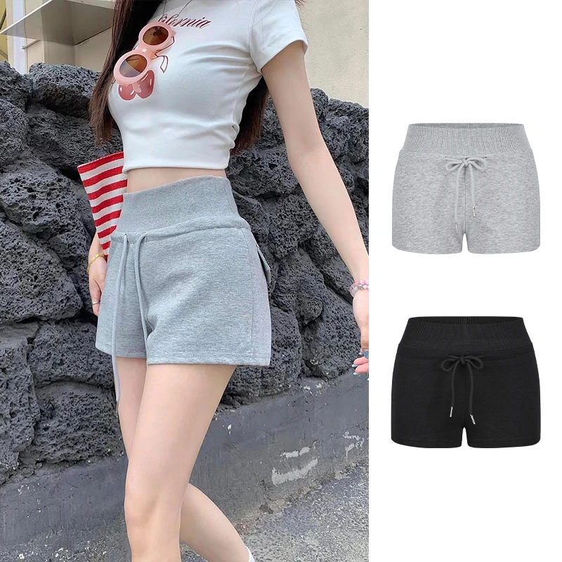 Moses Queen/魔西女王美式辣妹高腰抽绳运动短裤灰色包臀休闲热裤
