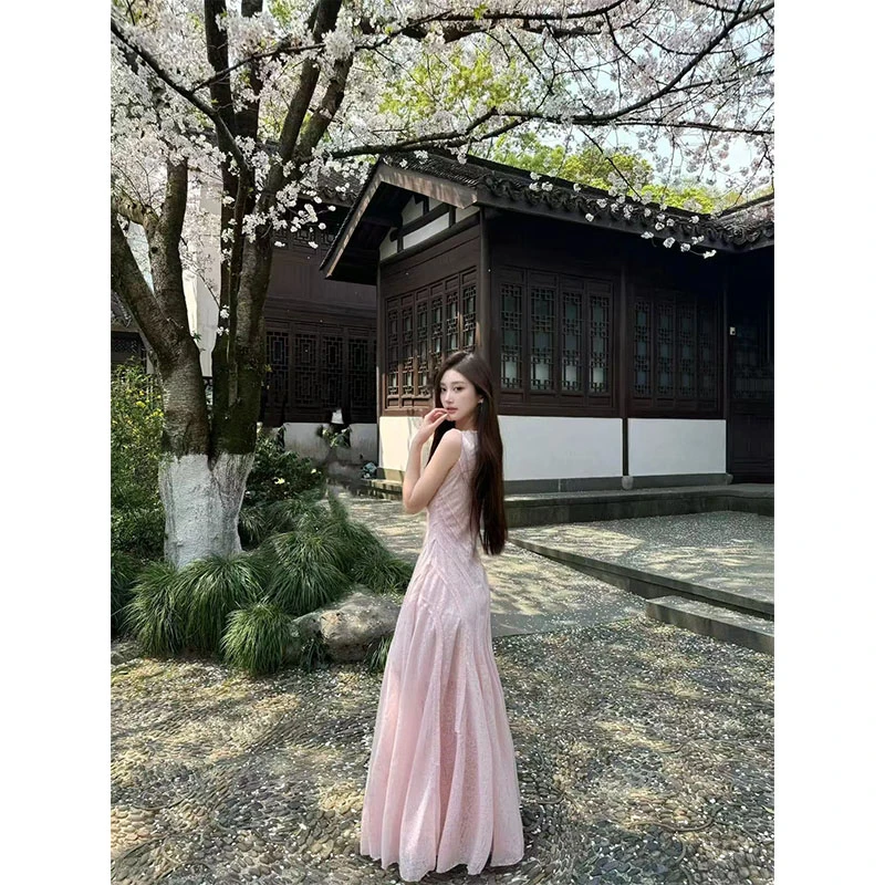 法式休闲百搭轻熟风气质设计感斜纹无袖连衣裙收腰显瘦时尚长裙女