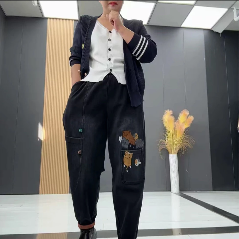 哈伦裤阔腿裤长裤刺绣大码牛仔裤薄款微弹休闲风休闲裤时尚-963