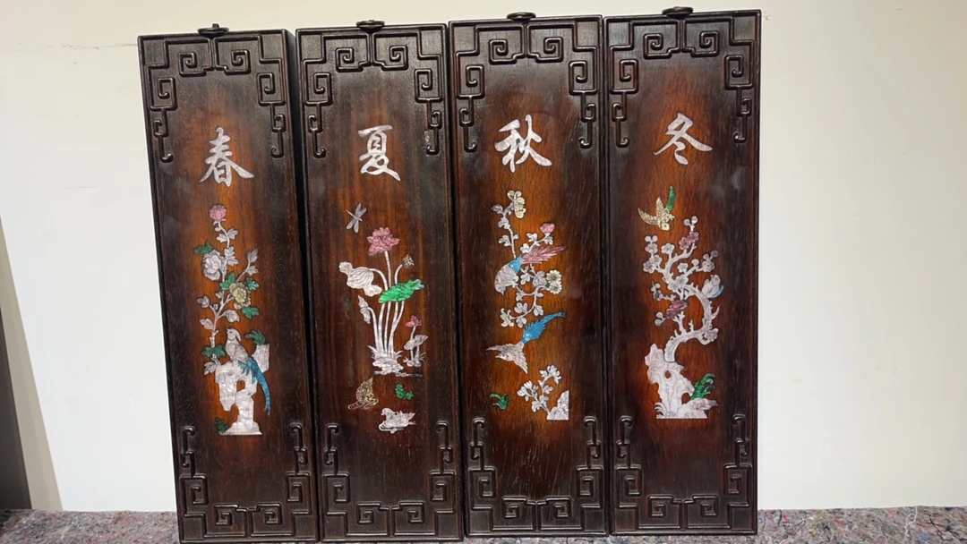 老紫檀木雕刻镶嵌春夏秋冬挂屏50×50