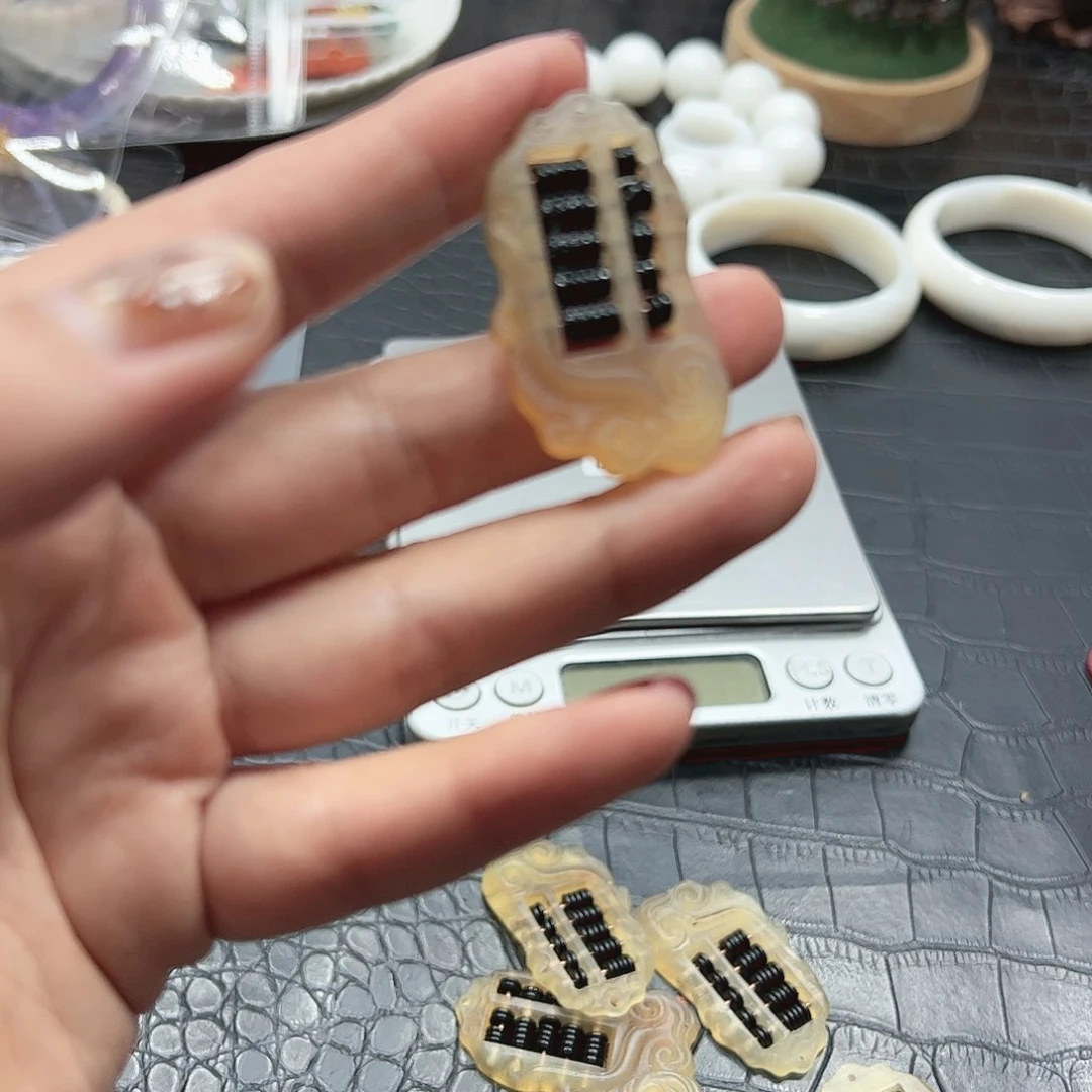 烟晶手链22K金镶嵌羚羊角算盘吊坠