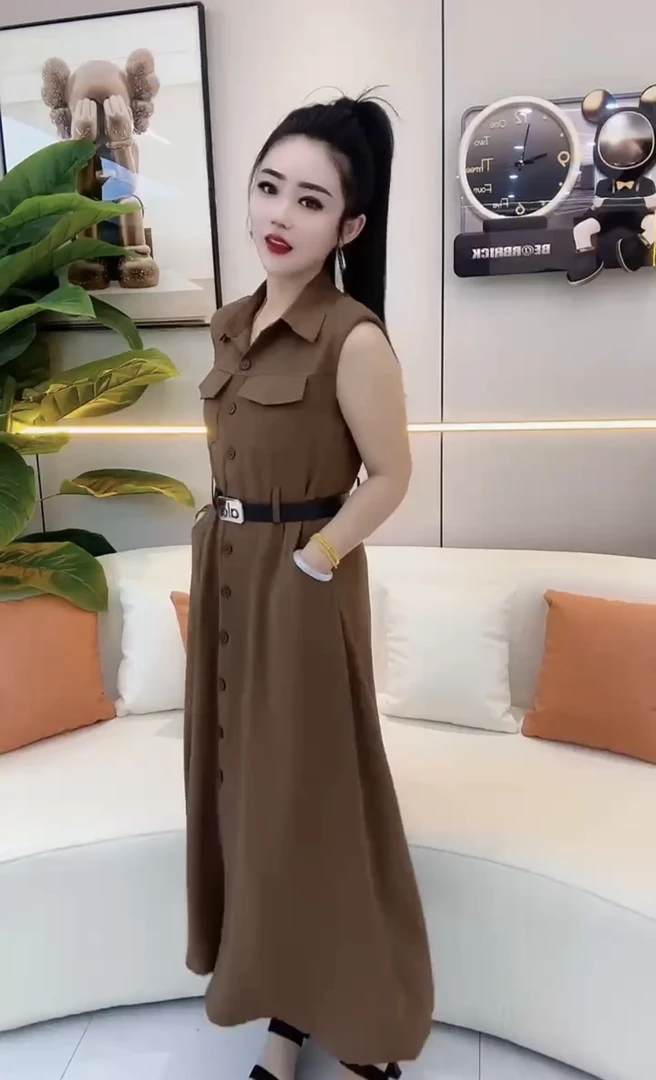 夏季新款高级感轻奢气质收腰显瘦无袖衬衫式连衣裙单排扣