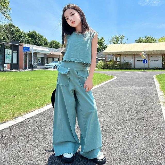女童网红夏装复古小香风套装女孩无袖上衣中大童牛仔阔腿裤两件套