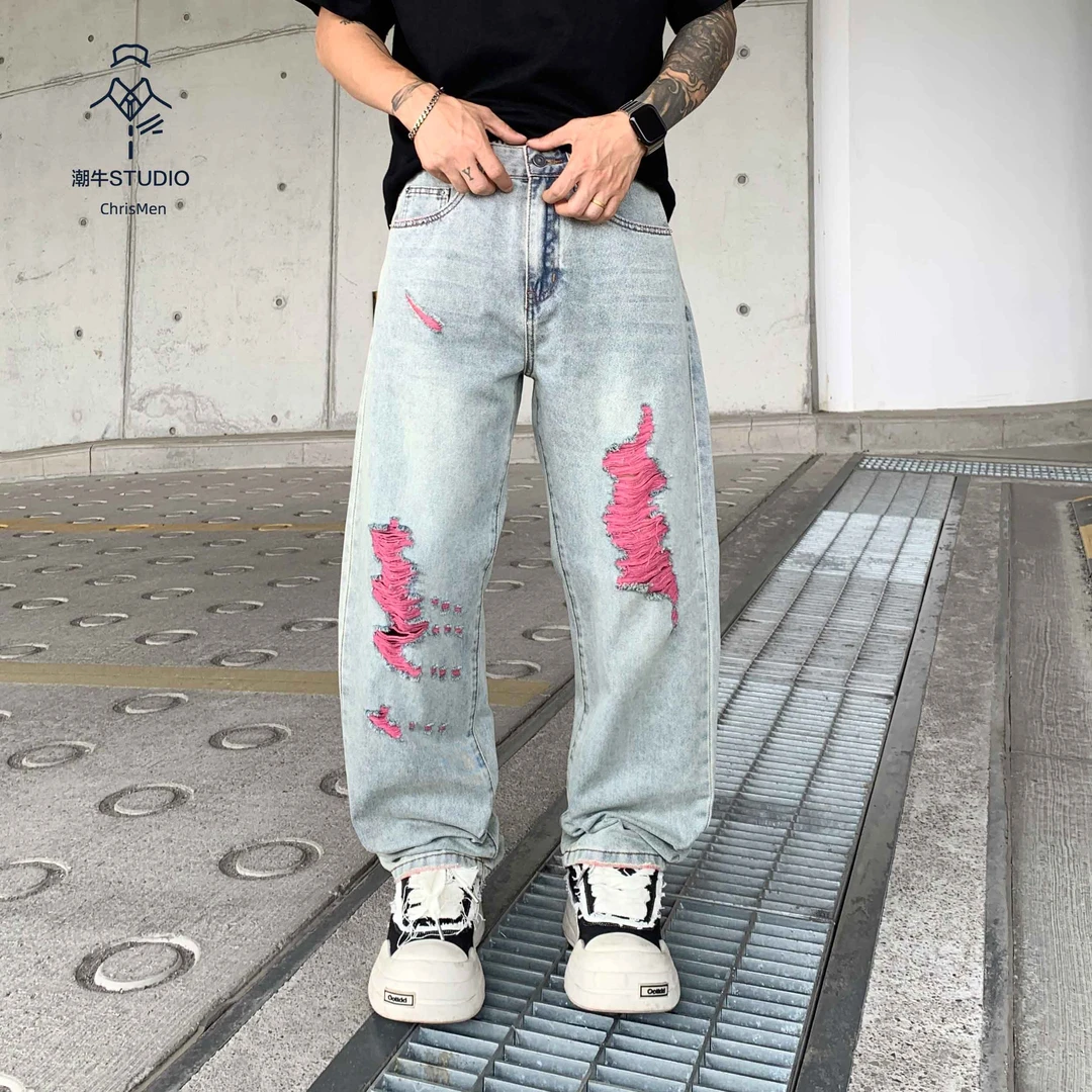 国潮高街时尚破洞牛仔裤男潮牌春夏薄款复古阔腿宽松直筒长裤男生
