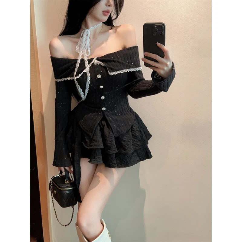 法式纯欲风一字肩拼蕾丝围脖亮丝针织上衣高腰蛋糕裙两件套女秋冬