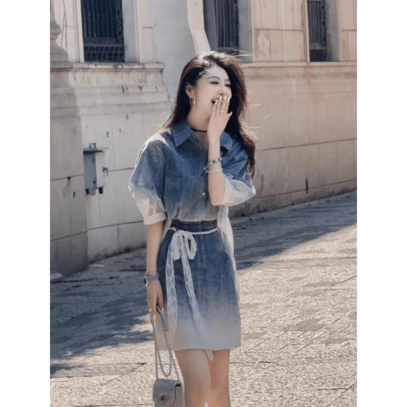 洋气高级感渐变色连衣裙女装夏季小个子气质收腰显瘦绝美裙子828