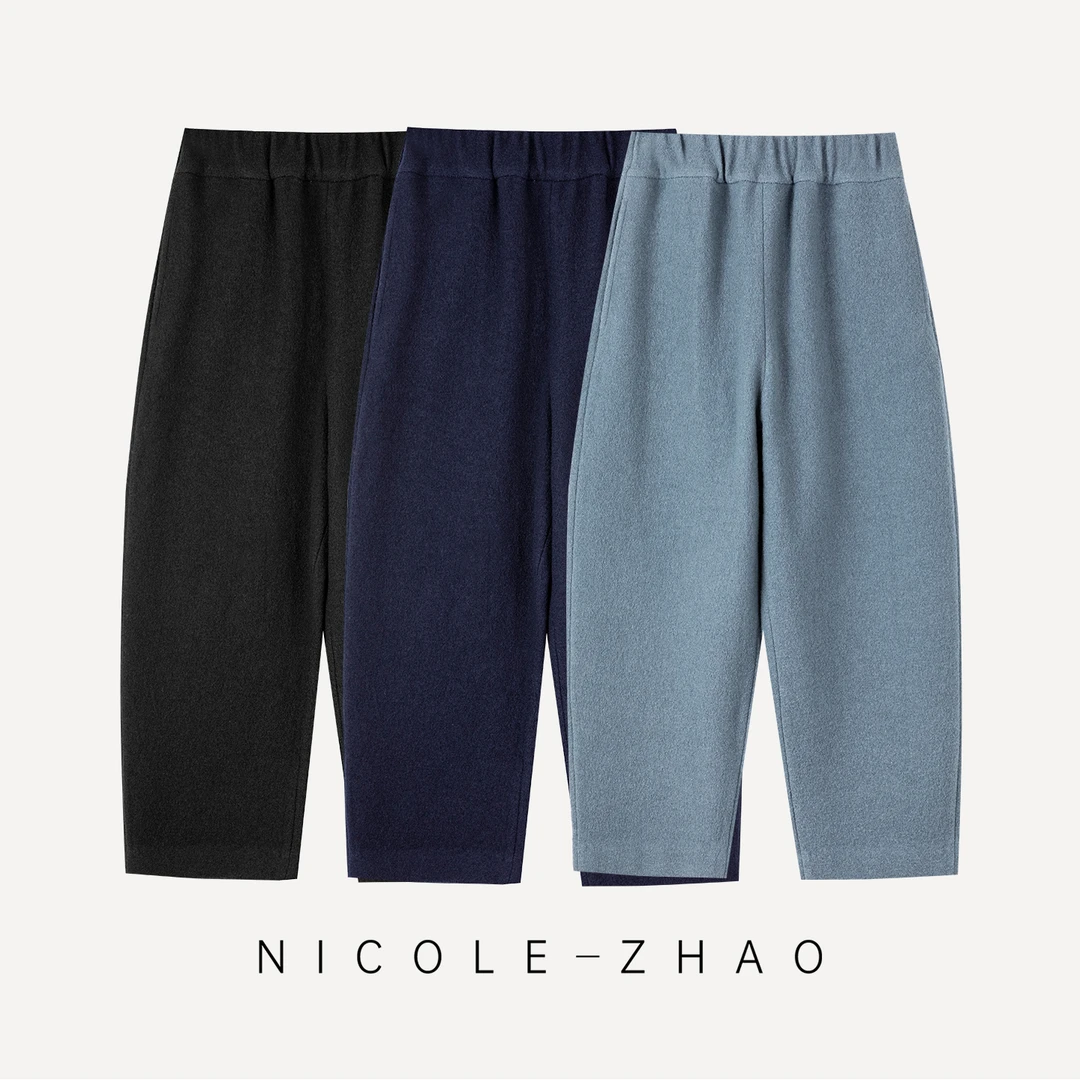 20614R【贵姐NICOLE】高端设计师款强缩绒裤蓝色针织休闲卫裤百搭