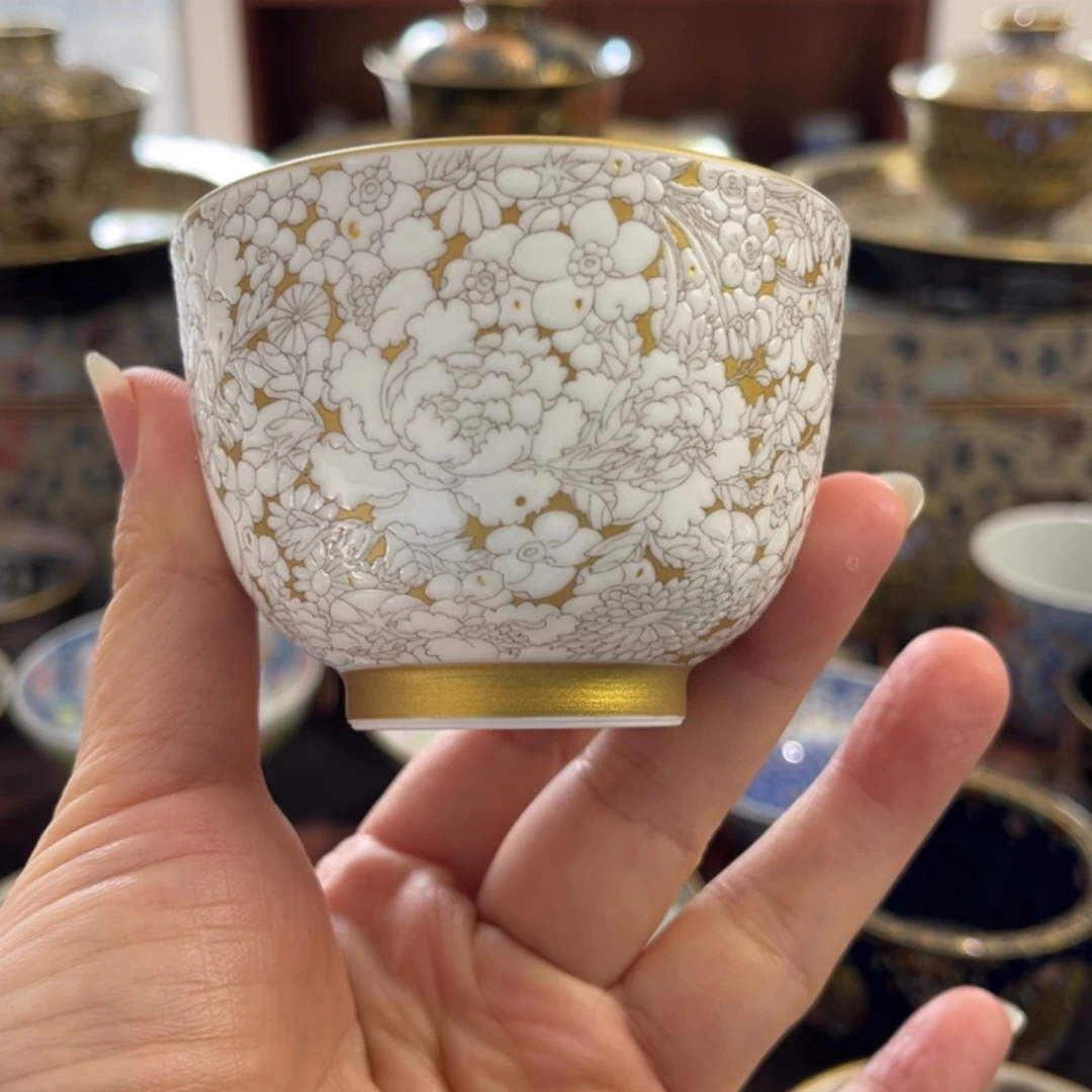 全手工全手绘珐琅彩万花剔花留白杯