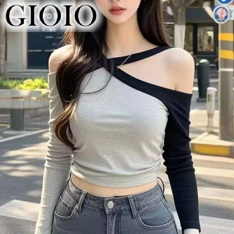 GIOIO设计感新款露肩显瘦辣妹挂脖秋冬打底衫t恤上衣服撞色露肩短