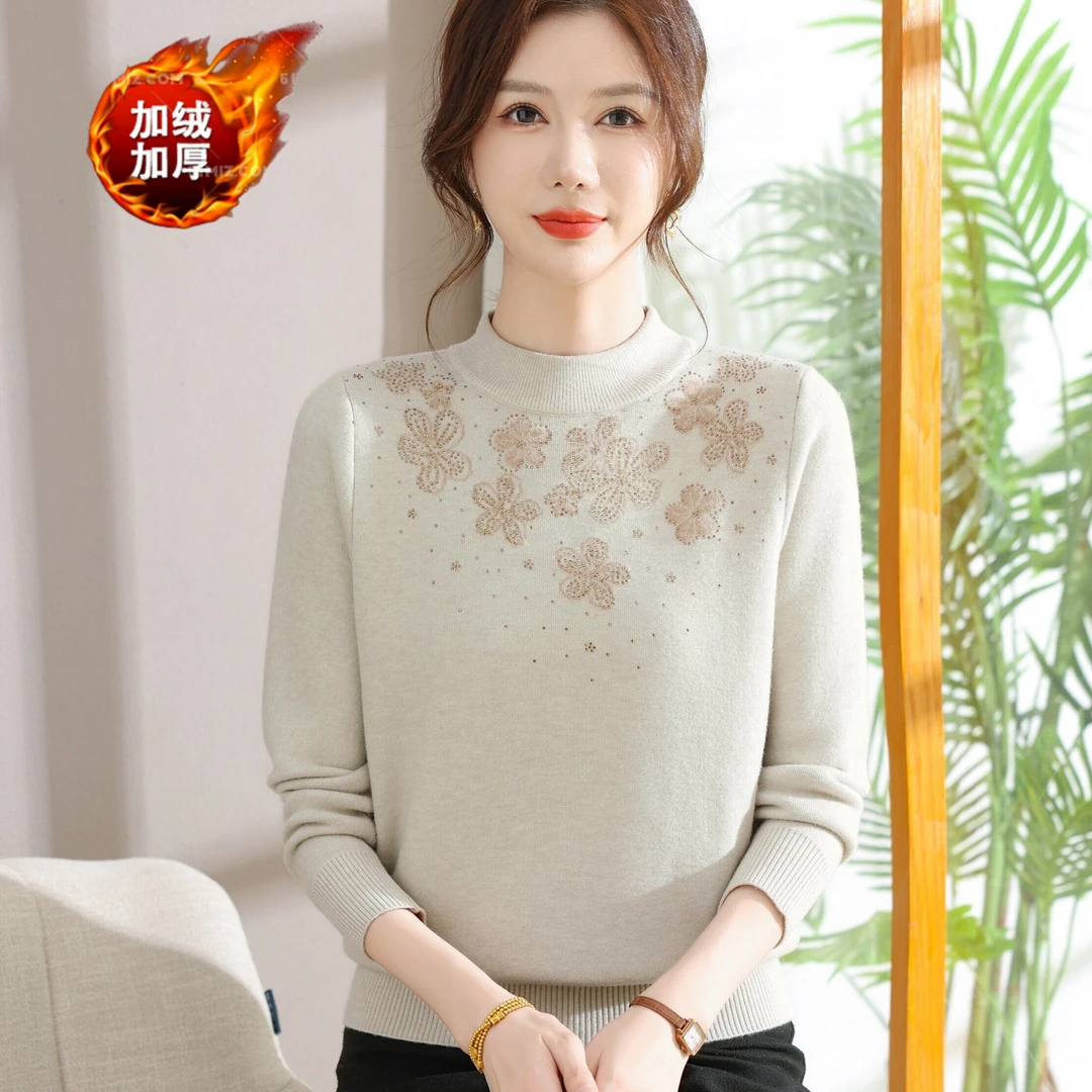 2025新款妈妈冬季一体绒毛衣中老年加绒加厚针织衫宽松保暖打底衫