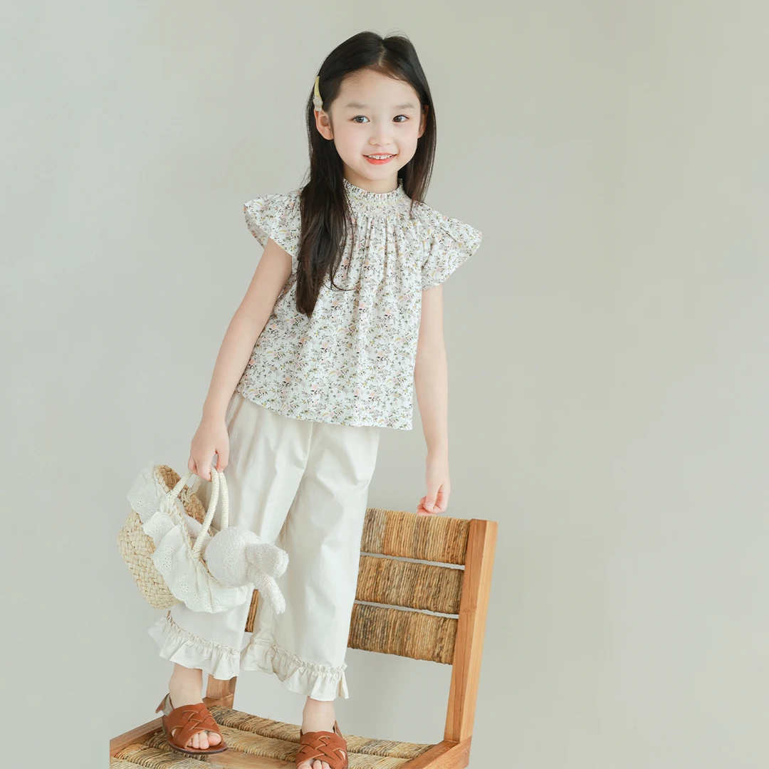 utouto大耳象女童领口打揽碎花飞袖小衫2024夏季新款2403515