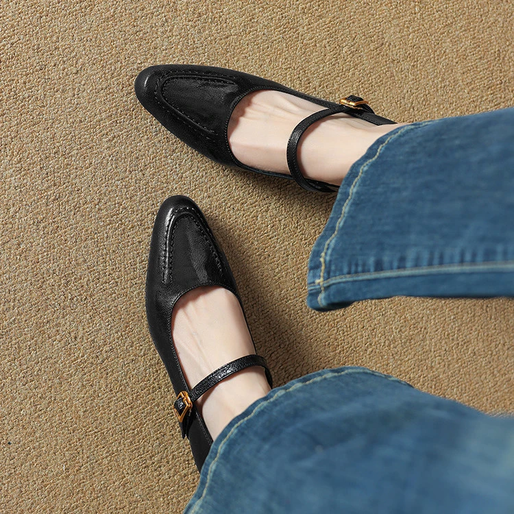 里外纯皮～头层羊皮4.5cm中跟百搭舒适玛丽珍浅口单鞋春秋简约粗跟